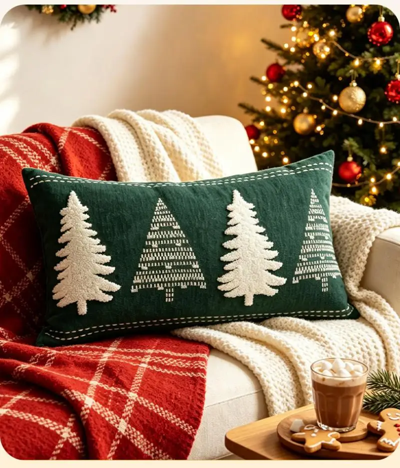 Weihnachtsbaum Bestickter Kissenbezug Cojines Grüner Plüsch Festliche Dekoration Sofa Kissenbezug Deko Heim – Detail 10