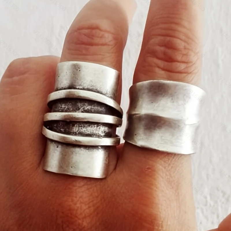 2 Pieces/set of Retro Punk Style Pleated Wide Open Face Rings, Men's and Women's Personalized Trendy Holiday Accessories Jewelry
