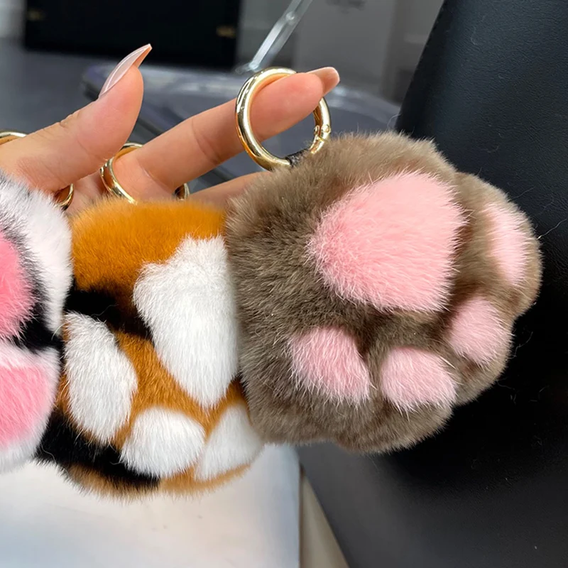 

Cut Cat Paw Key Chains Fluffy Real Rex Rabbit Fur Ball Pompoms Keychain Bear Paw Trinkets Women Bag Charms Ring Pendant Toy