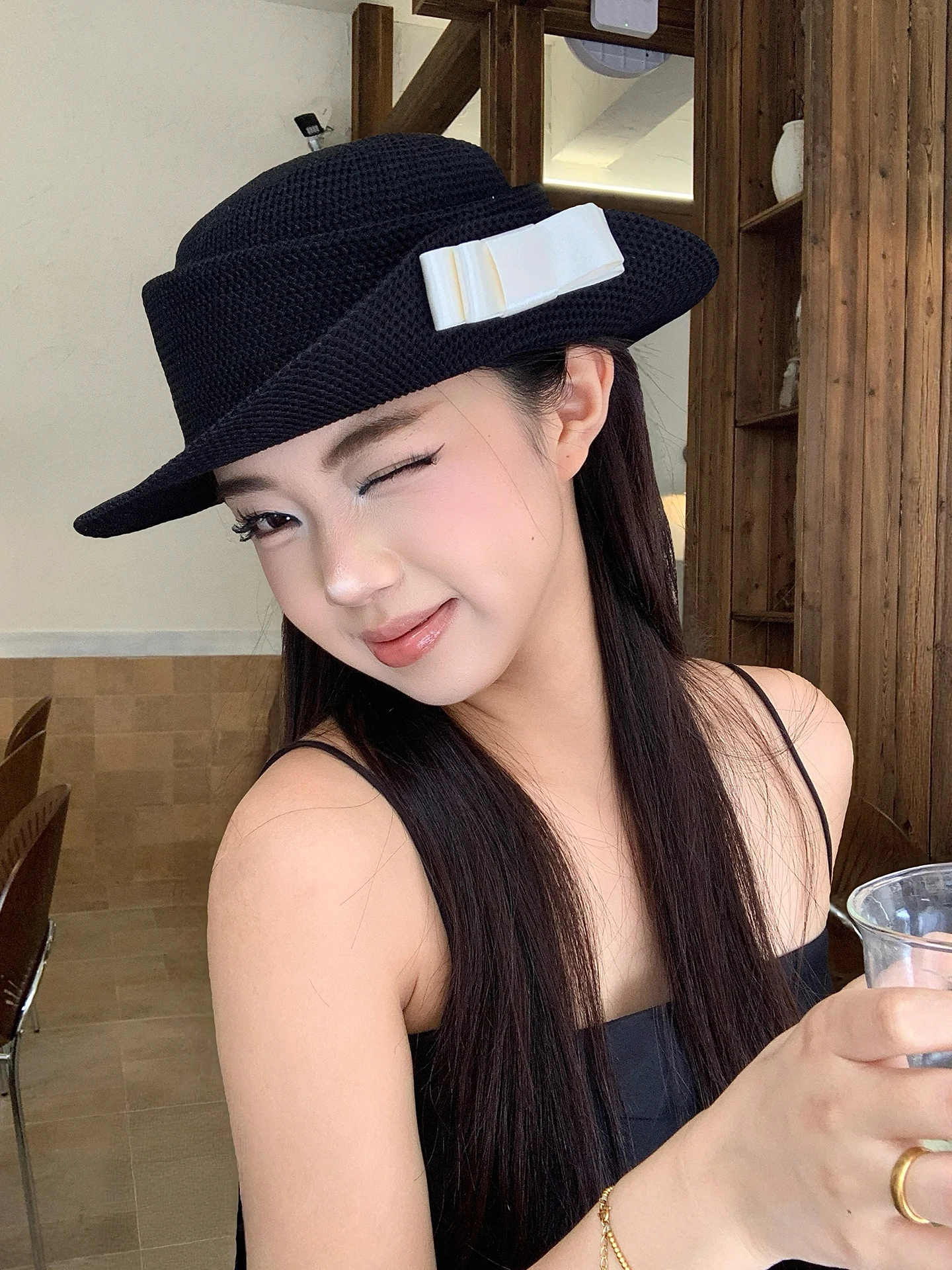 Hebe Style  Knot Straw Hat Women's Summer Face Slimming High-End Feeling Black Miss Elegant Woven Fisherman Hat