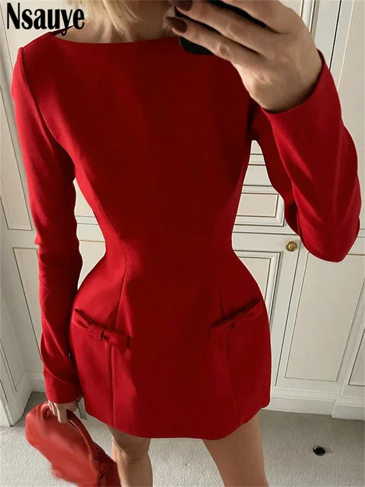 Nsauye Sexy Elegant Party Dress For Women Winter 2024 Long Sleeve Red Clothes Sexy Holiday Evening Night Club Fashion Dresses