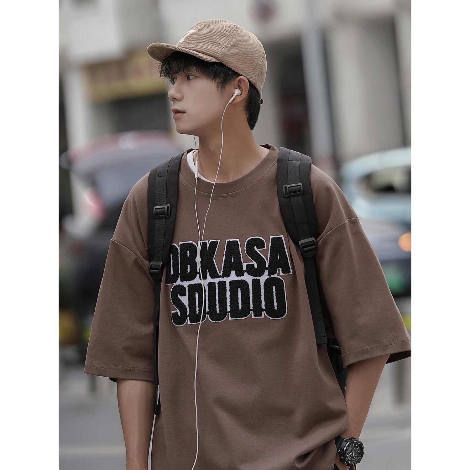 

Cé Brown ort Sve T-irt Men's Summer Pure Cotton f Sve Top American Sle Retro Men's Clothing Heavyweight Body...