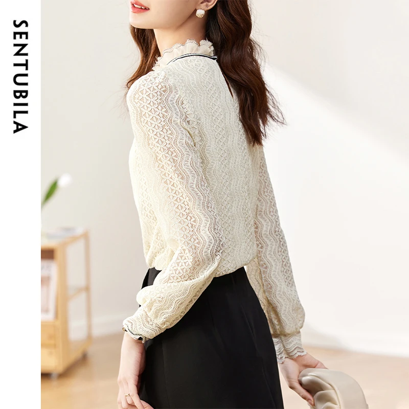 SENTUBILA Office Lady Lace Blouse Women 2024 Fall Winter Elegant Spliced Ruffles Neck Lantern Sleeve Shirts & Blouses 143S58026X