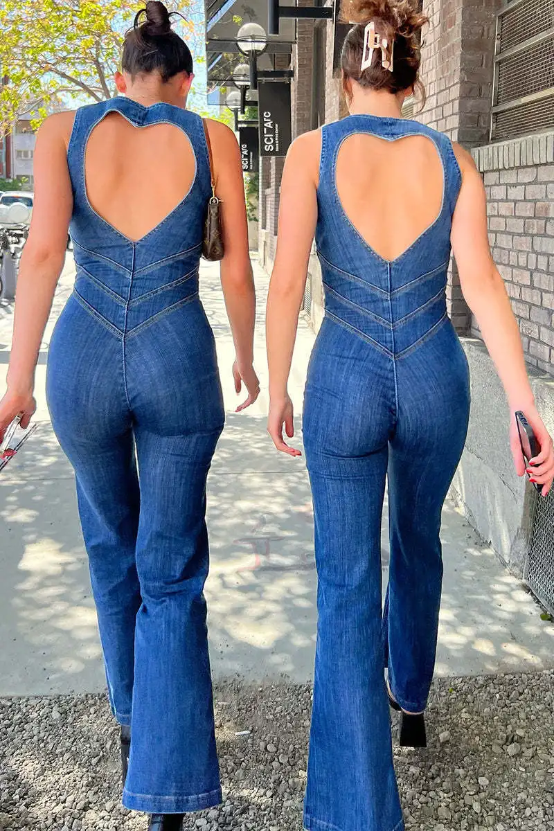 2024 Summer Sleeveless Zip-up High Waist Denim Jumpsuits Streetwear Vintage Women\'s Loving Heart Backless Tunics Jeans Overalls