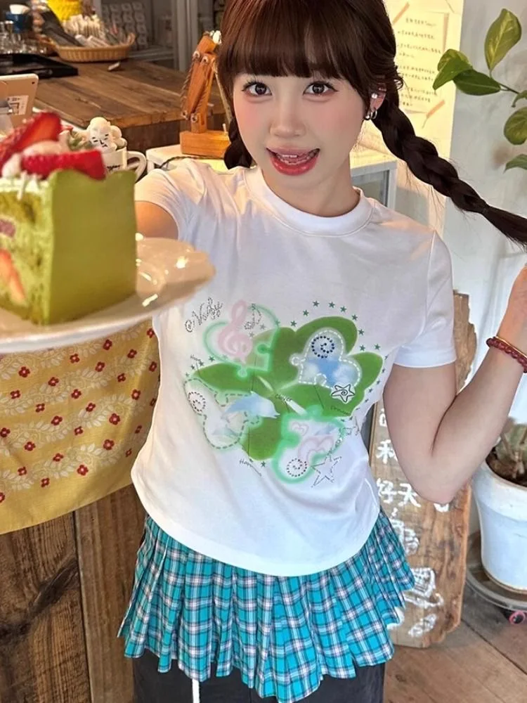 Koreanische Ins Gedruckt Kurzarm Weiß T-shirt Frauen Japanischen Y2k Ästhetischen Slim Fit Crop Top Vintage Süße Casual Tees