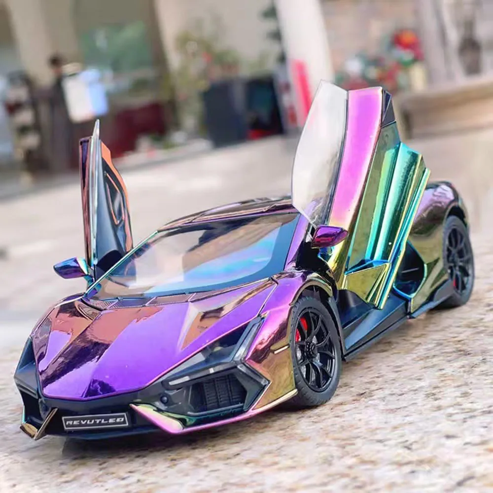 

1:24 Lambor Revuelto, игрушки из сплава, автомобили, литые под давлением модели, свет, звук, спортивный автомобиль, 4-дверные открытые миниатюрные транспортные средства, детские праздничные подарки