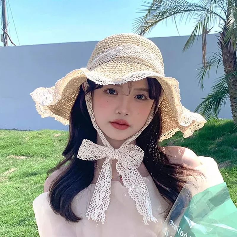 

Summer Women Sun Hollow Out Straw Hat Wide Brim Beach Hat with Lace Tie Foldable Outdoor Vacation UV Protection Cap XKTYM03