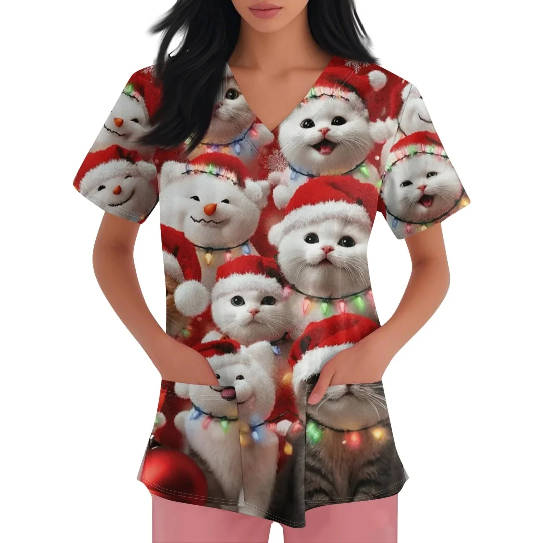 Christmas Women's V-Neck Fashionable Casual Nurse Uniform Women Sleeved Short Christmas Tree Printed Comfortable Work Uniform