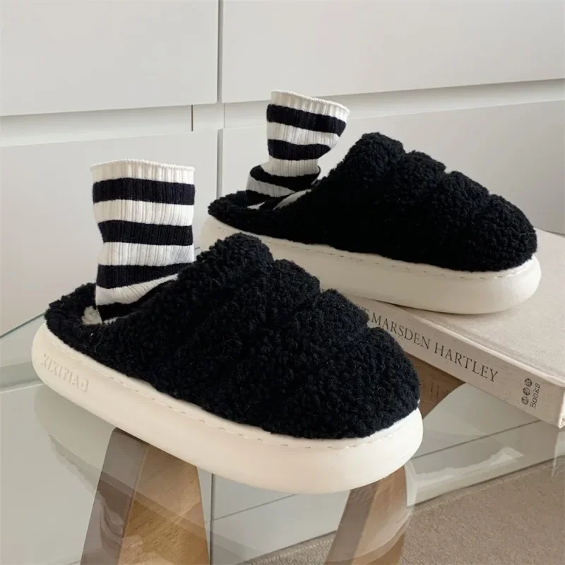 Comfortable padded warm lamb wool cotton slippers female fall and winter simple caterpillar indoor soft bottom moon shoes