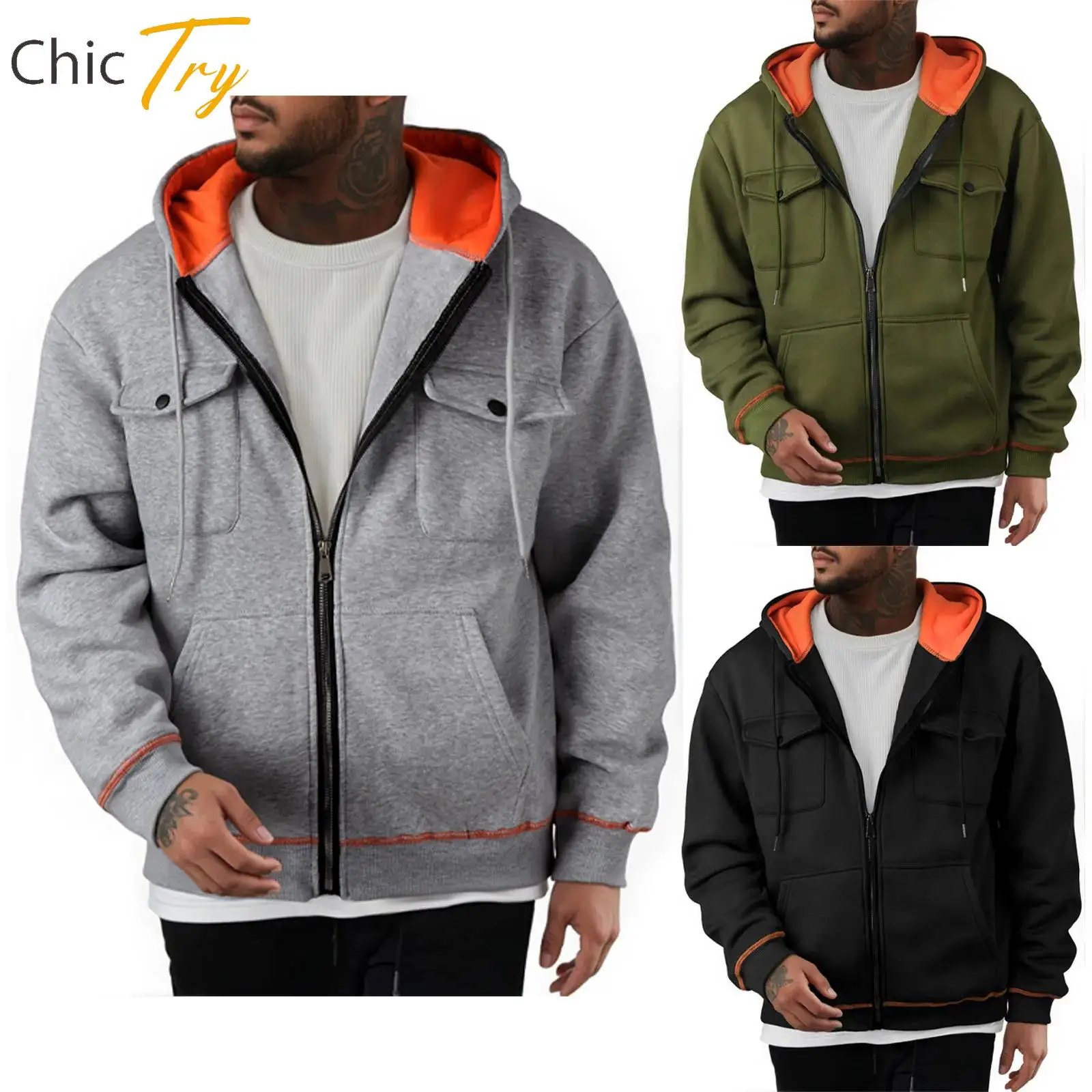

Adults Men Casual Sports Fleece Lined Hoodie Coat Sweatshirt Long Sleeve Hooded Jacket Outdoor Wear Sportswear for Male Clothing