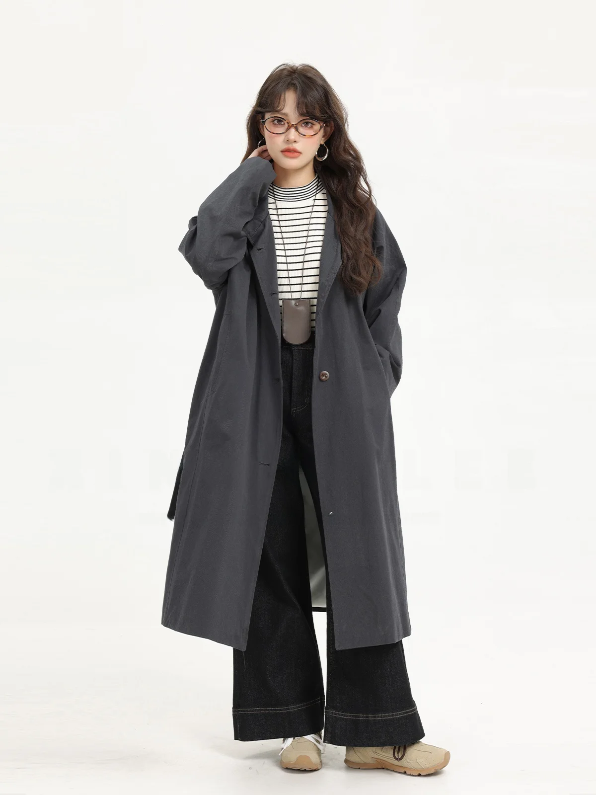 Early Autumn Loose Fit Korean Style Stand Collar Long Coat Elegant Personality Xinmon2024 Women's Fashion Outerwear