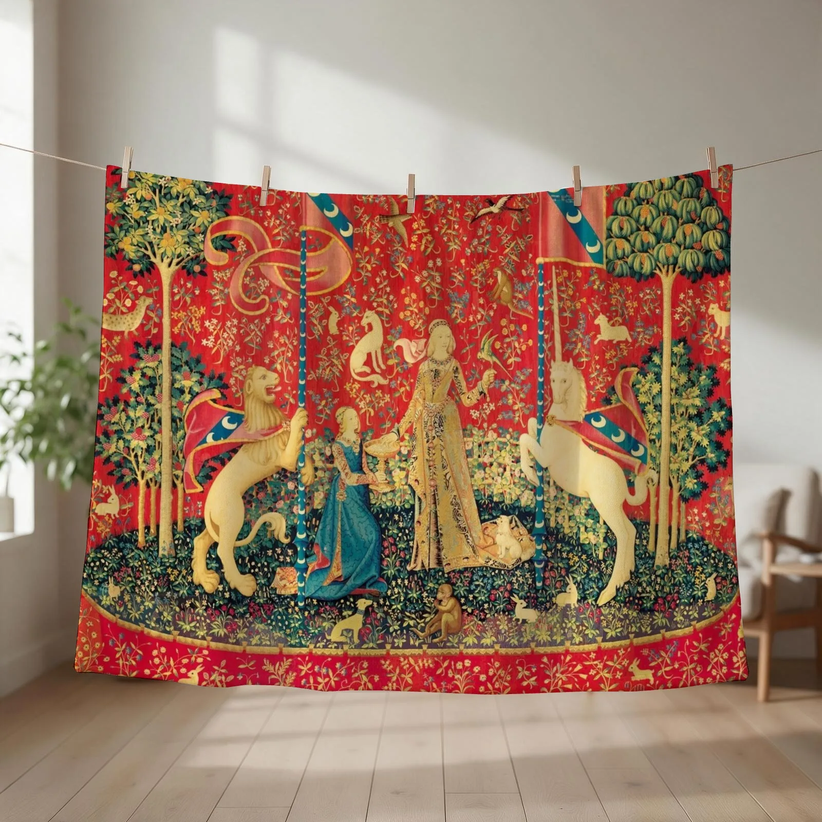 LADY AND UNICORN Taste, Red Green Fantasy Flowers,Animals Throw Blanket Decorative Sofa Luxury Thicken funny gift Blankets