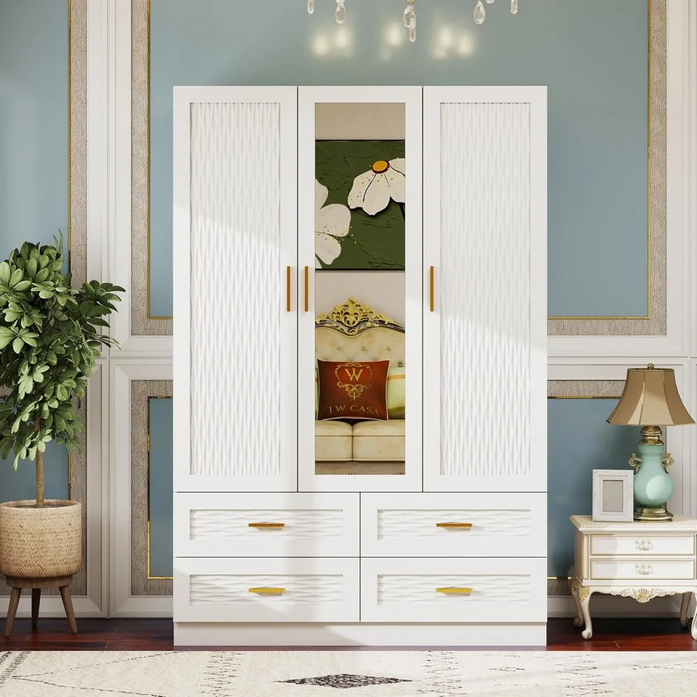 

Armoire Wardrobe Closet Cabinet with Mirror and 3 Doors, Closet with Hanging Rail, Wood Wardrobe for Large Storage, Armoires and