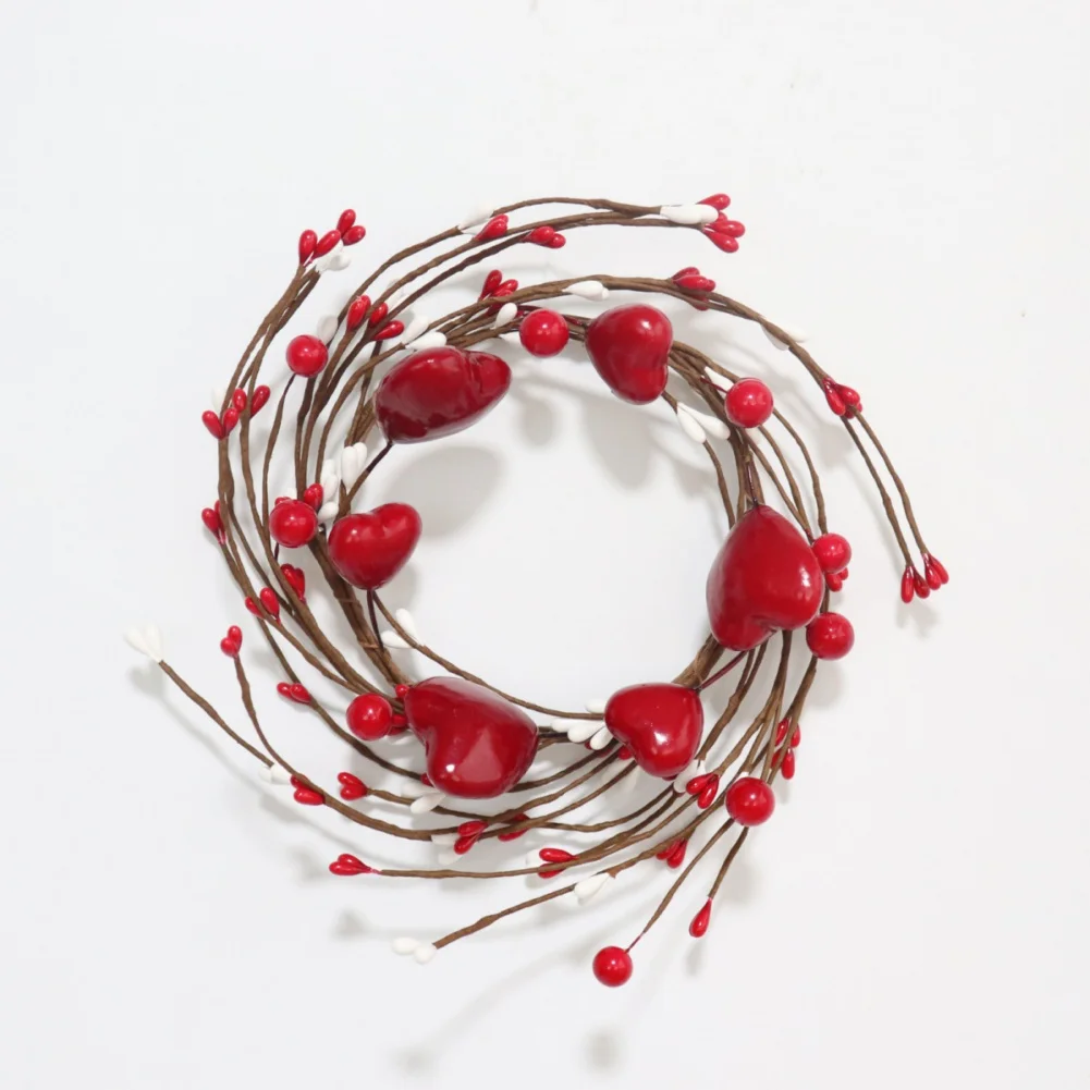 1/2/4PCS Valentine's Day Heart Wreath Candle Rings Spring Berry Wreath Pillar Candle Garland for Dining Table