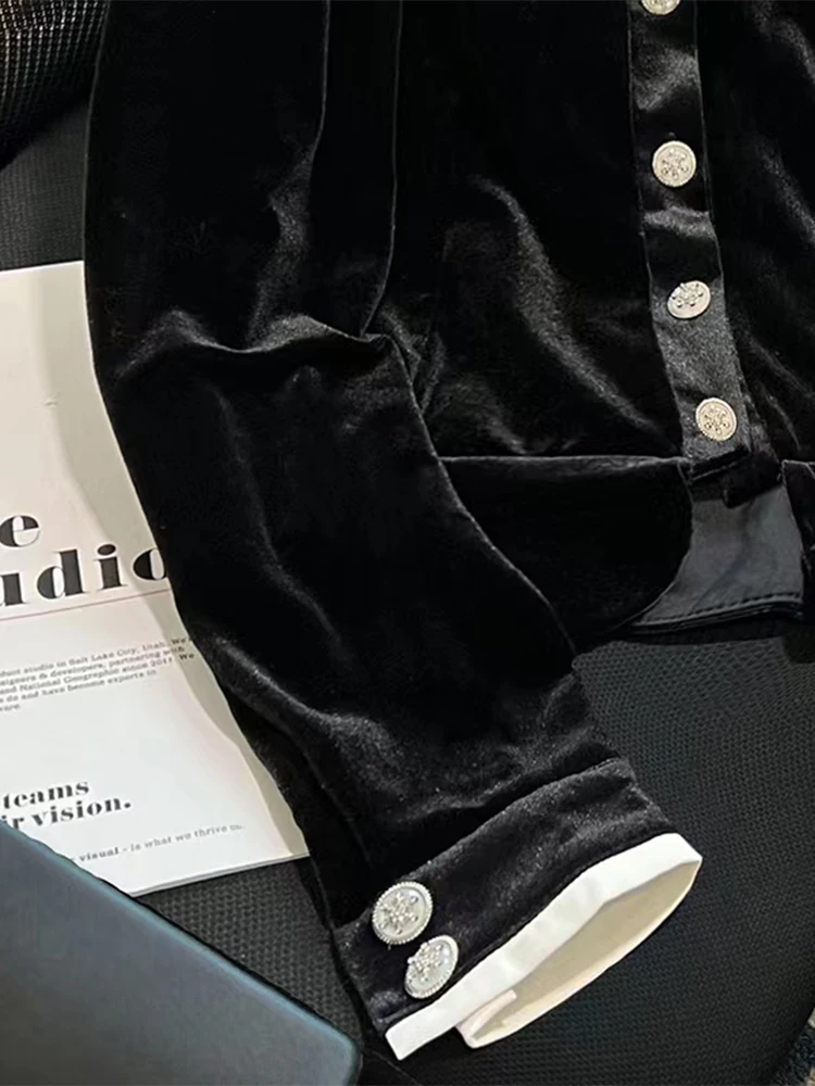 Camisas e blusas de veludo preto feminino vintage y2k coreano 2000s elegante manga longa peter pan colarinho camisa roupas 2024 outono