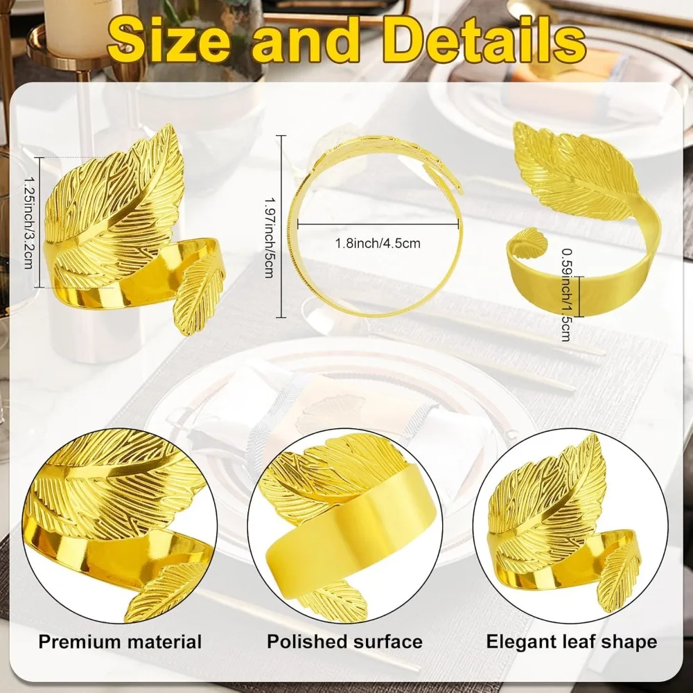 Gold Napkin Rings, Napkin Rings Set of 12, Thanksgiving Fall Napkins Ring, Elegant Leaf Design Metal Napkins Holder for Table Se