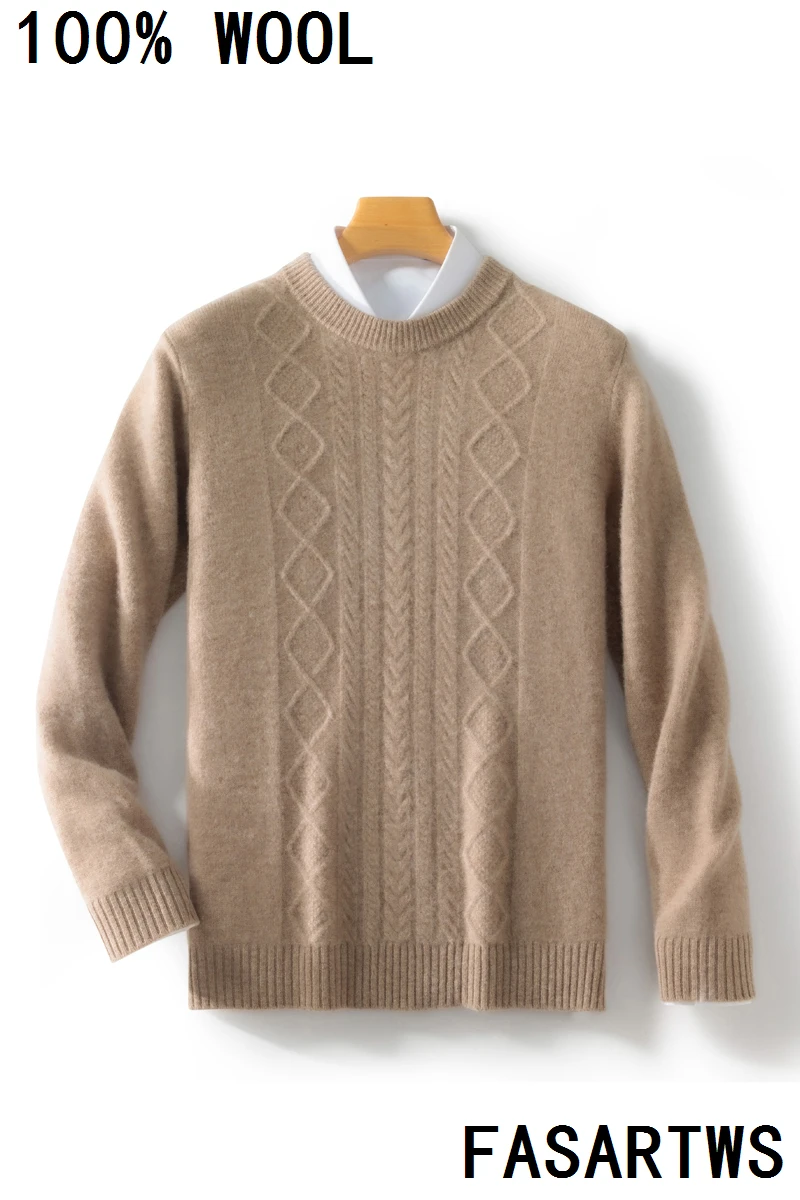 100% suéter de lana australiana, jersey de manga larga con cuello redondo, Otoño Invierno, suéter suave de Jacquard grueso y cálido para hombre, estilo informal