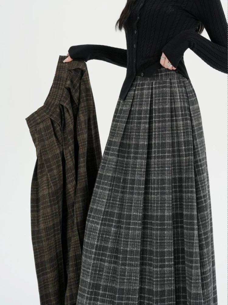 伸縮性ウエストレトロチェック柄プリーツウールスカート女性秋冬暖かいカジュアルビッグスイングロングAラインスカートレディース