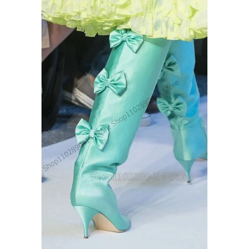 

Green Bow Knot Decor Pointed Toe Runway Boots Slip On Women Shoes Thin High Heels Party Banquet Dating 2024 Zapatos Para Mujere