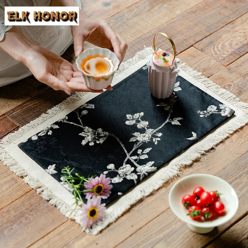 

White Plum Woven Brocade Tea Table Mats Elegant Tea Professional Rag Drink Coaster Dinner Table Cloth Mat Tea Items Collection
