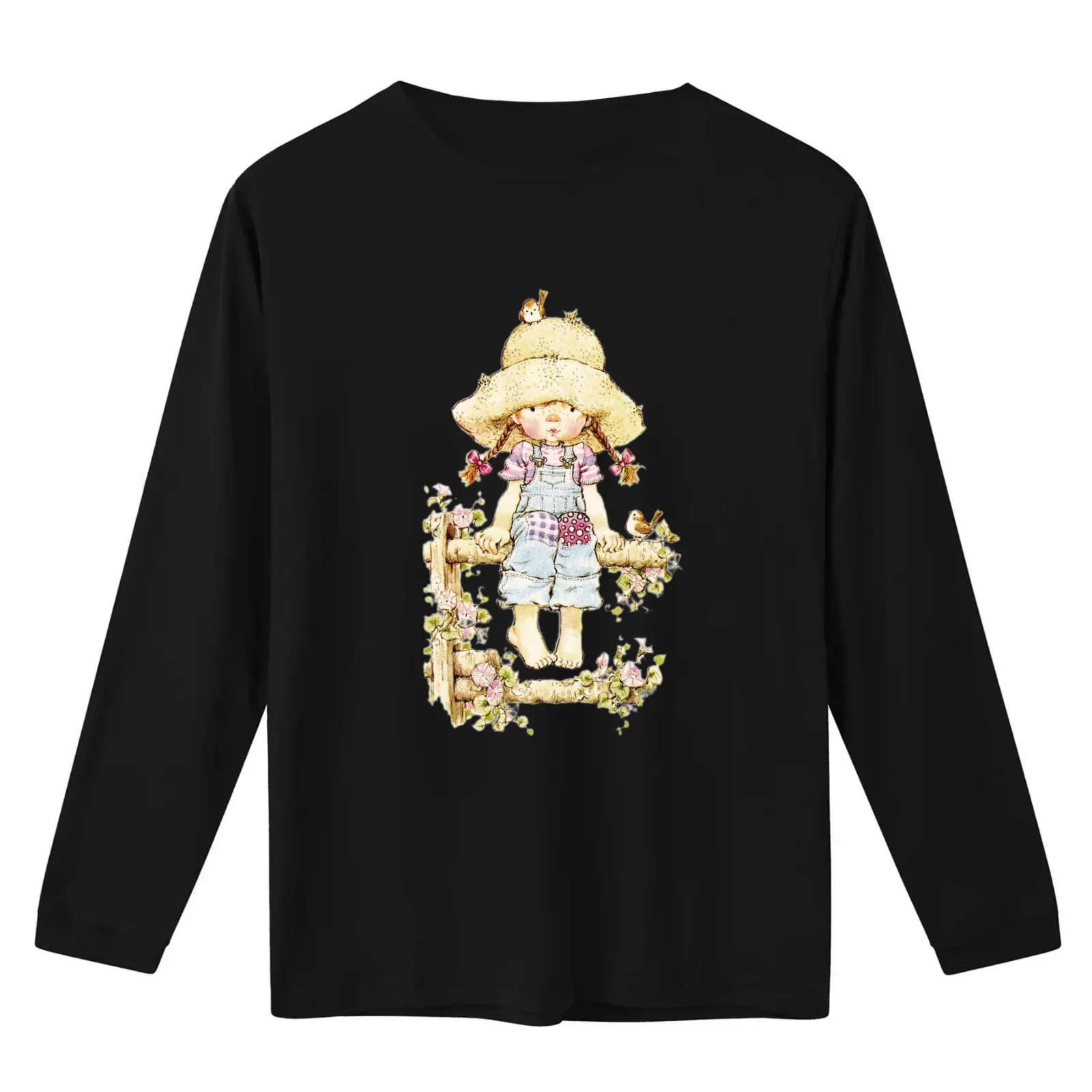 Sarah Kay - Girl sitting on a fence with birds T-Shirt Summer Casual Cotton Tee Oversized Streetwear Tops Unisex Men Women