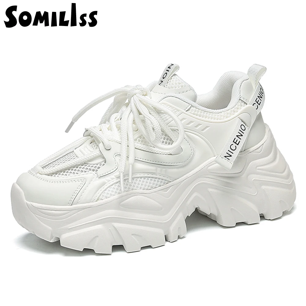 SOMILISS Women Chunky Sneakers Genuine Leather Mesh Round Toe Lace Up Ladies Breathable Fashion Platform Casual Shoes Handmade