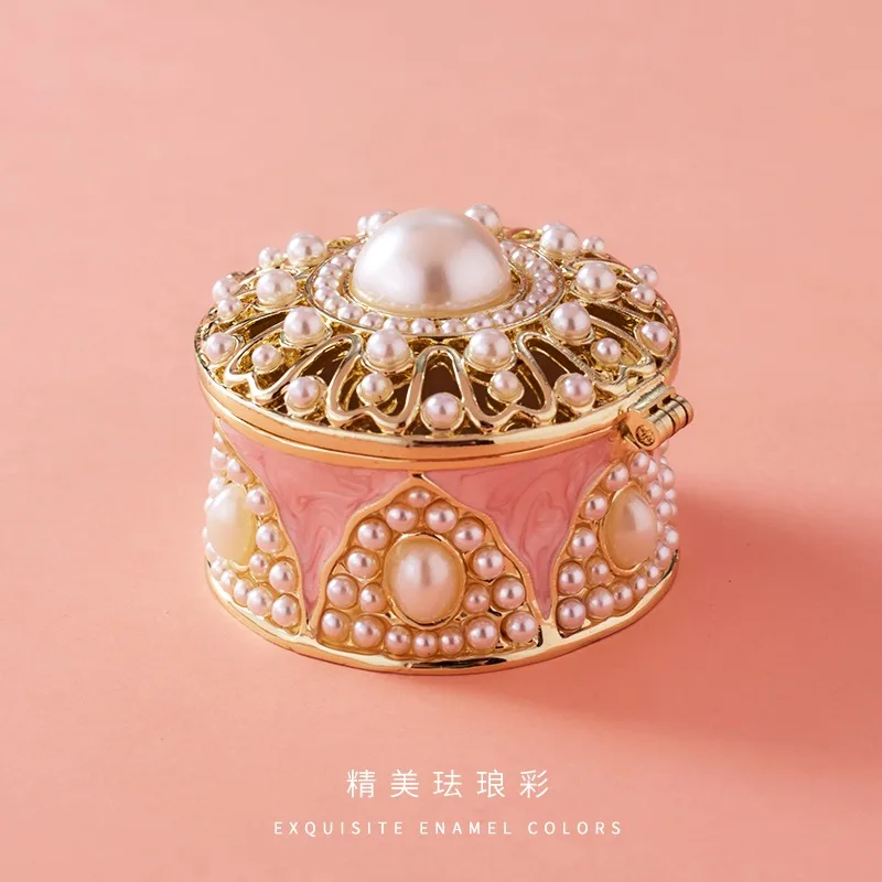 Enamel pearl round box girl style pink ring marriage proposal Chinese New Year jewelry box storage gift box