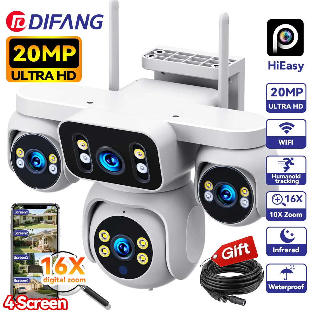 

DIFANG 20MP CCTV 4 Lens 4 Screen WiFi 360° IP Camera 16X Zoom Auto Track Home Security Cam Waterproof Surveillance Outdoor 10K