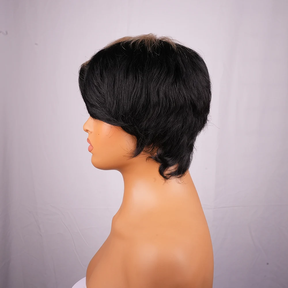 ブラウンブラックハイライト人毛ウィッグ ショートピクシーカット 前髪付き ストレートヘア 機械製 黒人女性向け レイヤードナチュラルルック