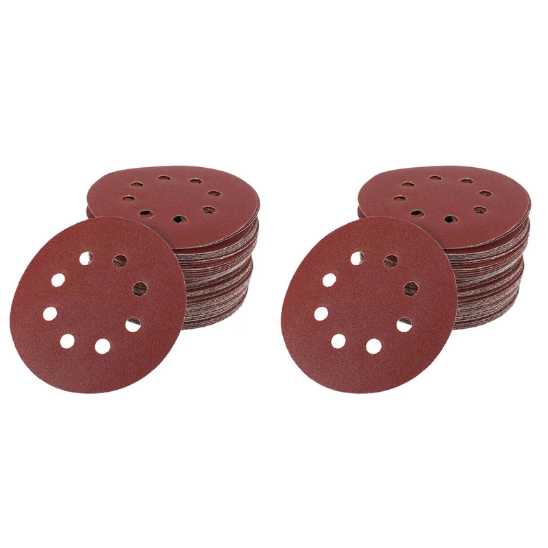 100Pcs 5 Inch 125Mm Round Sandpaper Eight Hole Disk Sand Sheets Grit 40/60/80/120/240 Hook And Loop Sanding Disc Polish