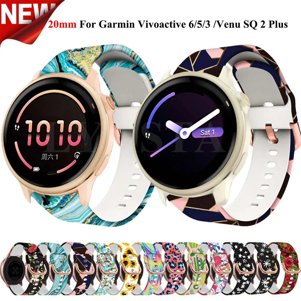 20mm Silicone Printed Strap For Garmin Vivoactive 6 5 3 Venu 2 Plus SQ 2 Bracelet Wristband For Garmin Forerunner 158 55 165 245
