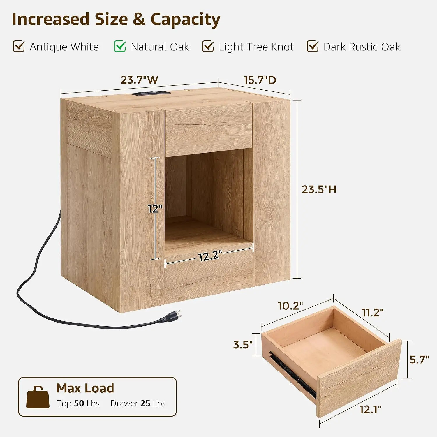 Modern Nightstand with Charging Station & Drawer 24 Inch Natural Oak, Customized