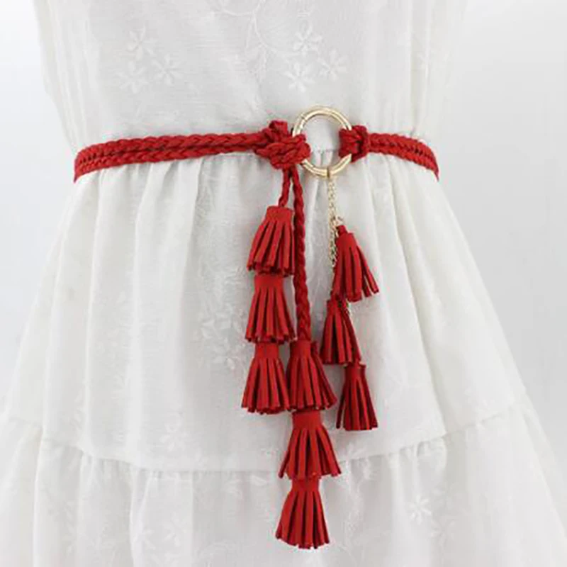 Braided Tassel Circular Rope Belt for Women Solid Color Thin Waist Rope Knit Dress Belt New Boho Gold Ring Waistband Accessories