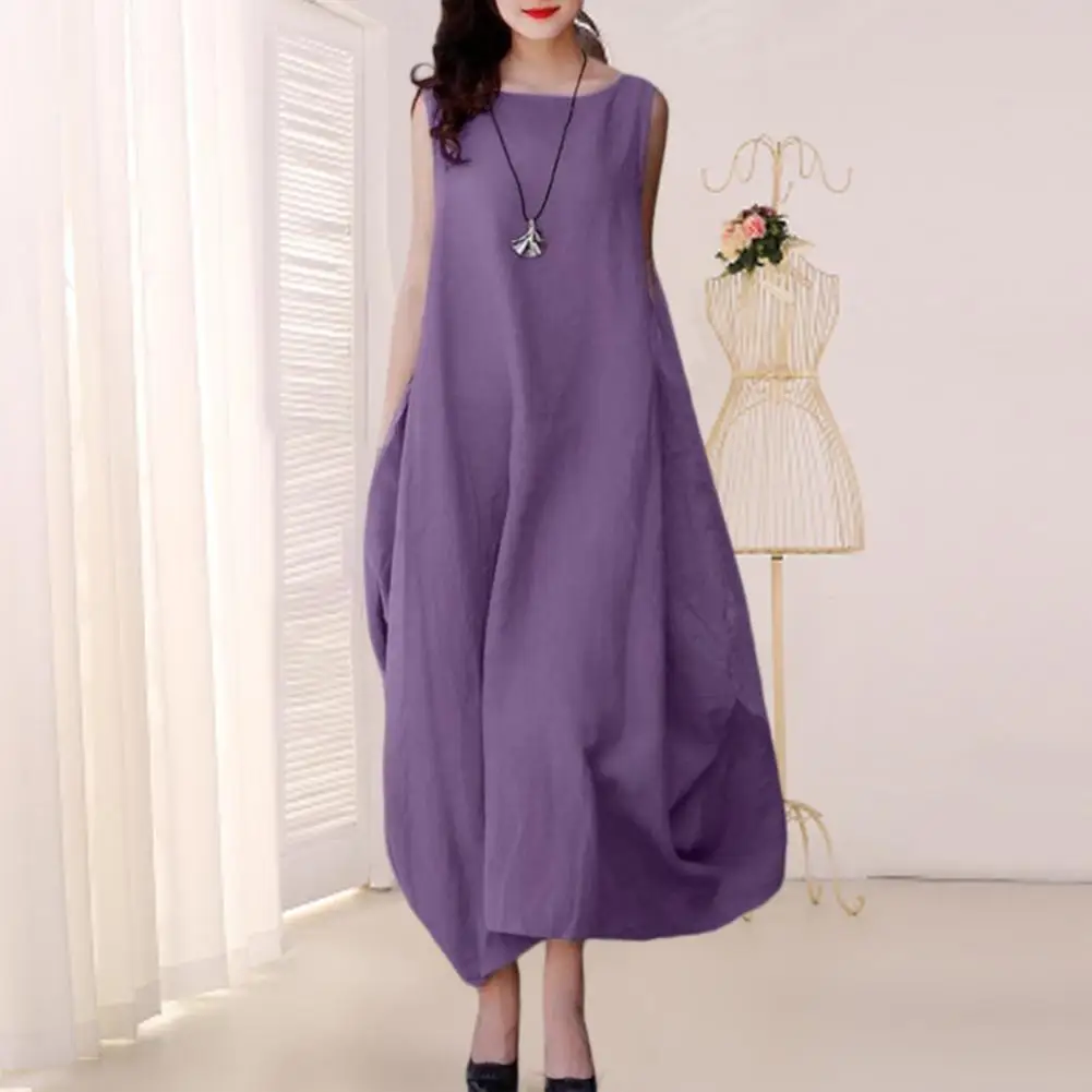 

Women Dress Solid Color Sleeveless Pockets Side Pleats Summer Loose-fitting Long Dress for Beach