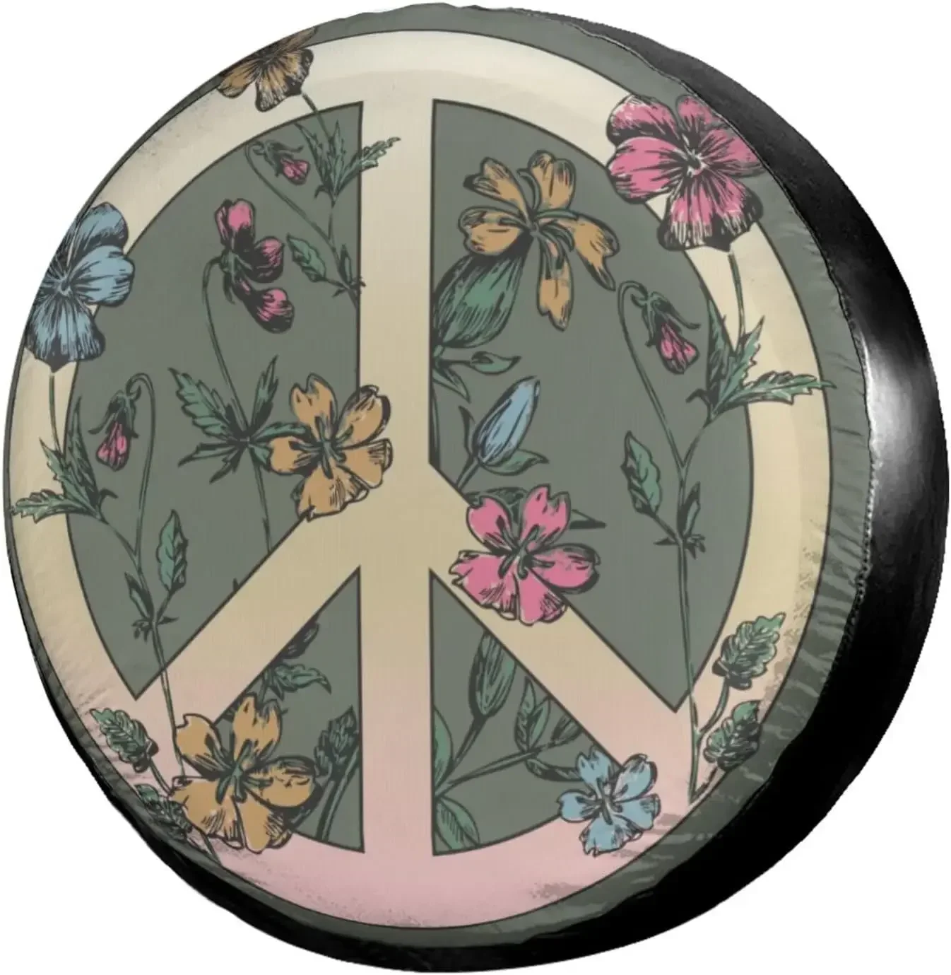 Wild Flower Peace Sign Spare Tire Cover Polyester Universal Sunscreen Waterproof Wheel Covers for Trailer Rv SUV Truck 14-17in