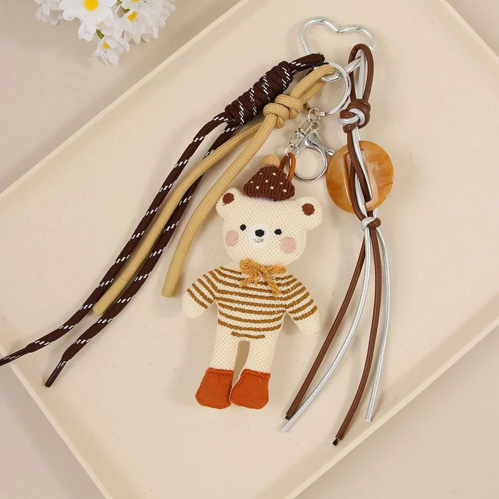 Bear Bag Charm Striped Multi Charm Keychain Braided Cord Brown Beige Cute Purse Accessory for Handbags Women Girls Birthday Gift