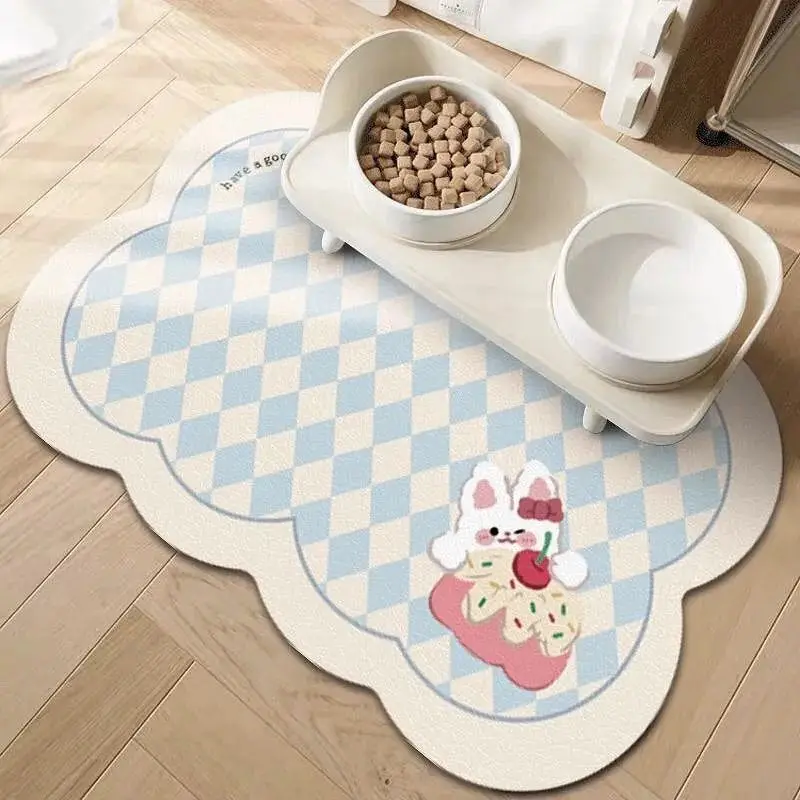 

Cute Bunny Pattern Pet Feeding Mat Blue and White Checkered PU Leather Waterproof Pet Placemat for Cats and Dogs