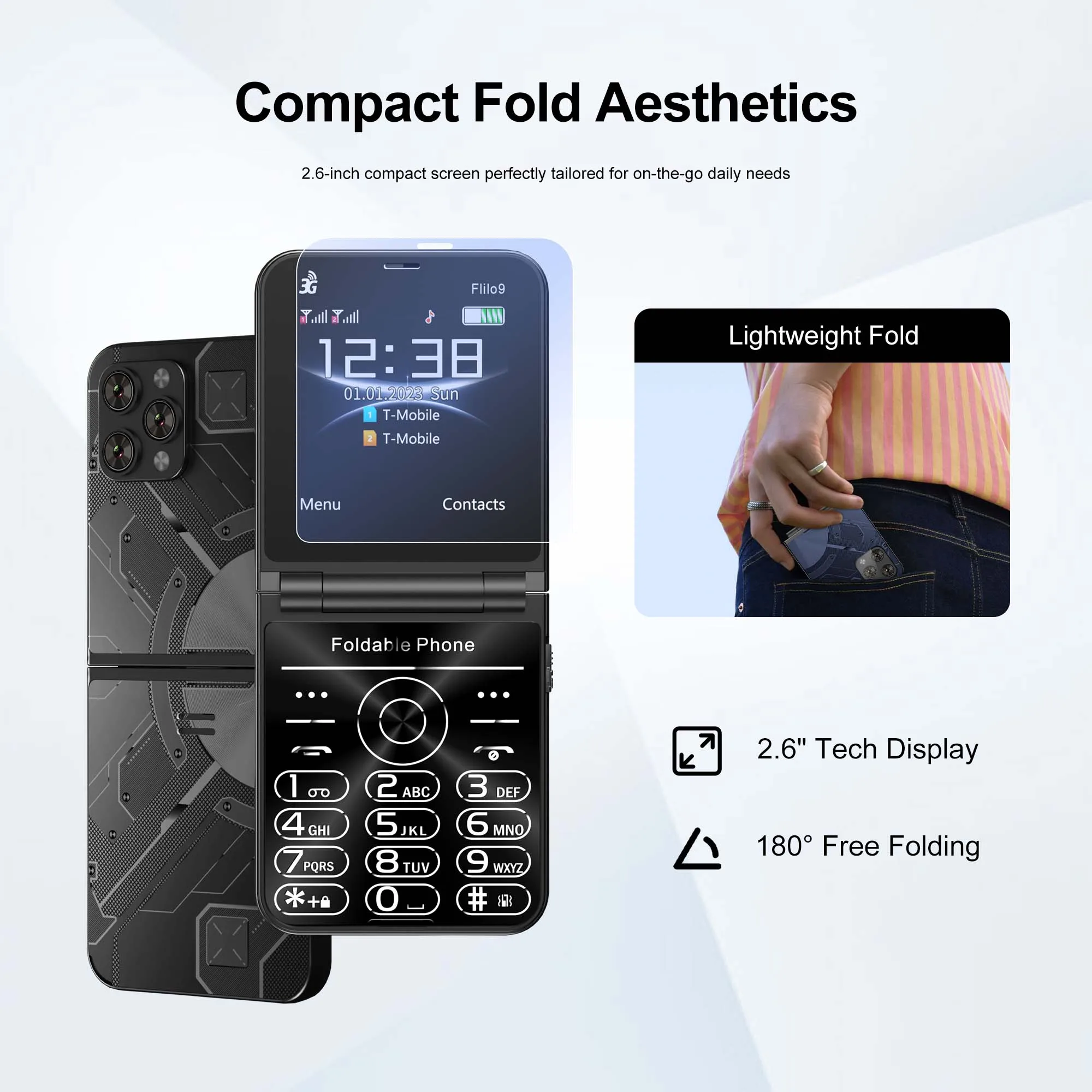 SERVO Flilo9 Foldable Feature Phone 3G WCDMA Dual SIM Big Button Speed Dial Auto Call Recording FM Radio Flashlight Cellphone