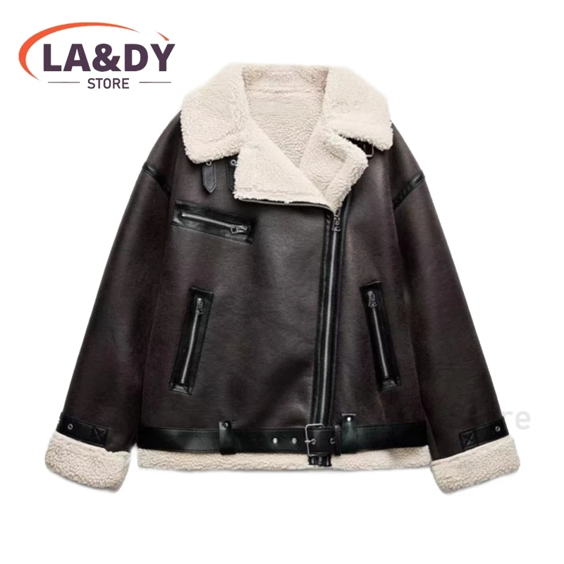 High Quality Faux Leather Jacket Women 2024 Autumn Winter Fashion Thick Warm Lambwool Zip Pockets Coat Female Casual Top Outwear