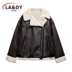 Giacca in ecopelle di alta qualità donna 2024 autunno inverno moda spessa calda lana d'agnello tasche con zip cappotto femminile Casual Top Outwear