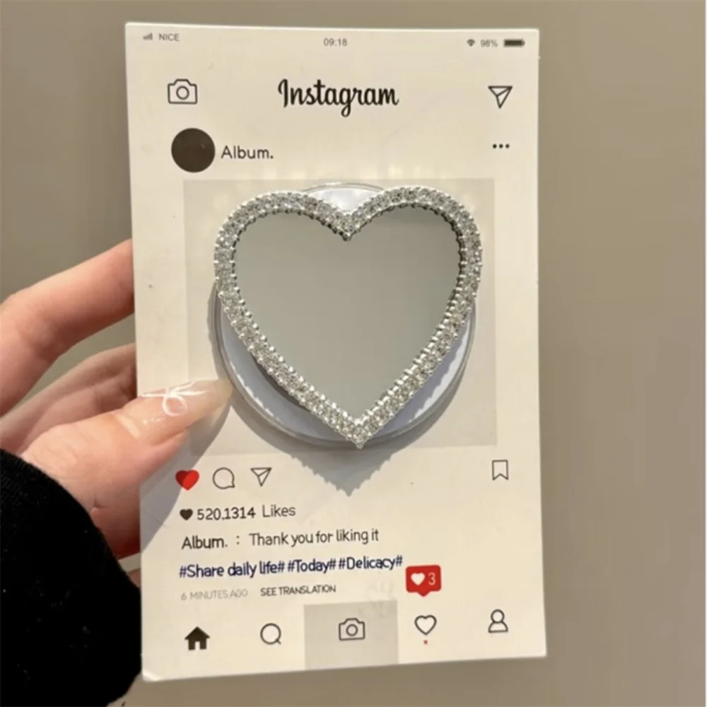 

Diamond Sliver Heart Makeup Mirror For Magsafe Griptok Holder Phone Finger Ring Stand Support For iPhone 16 Girl Bracket