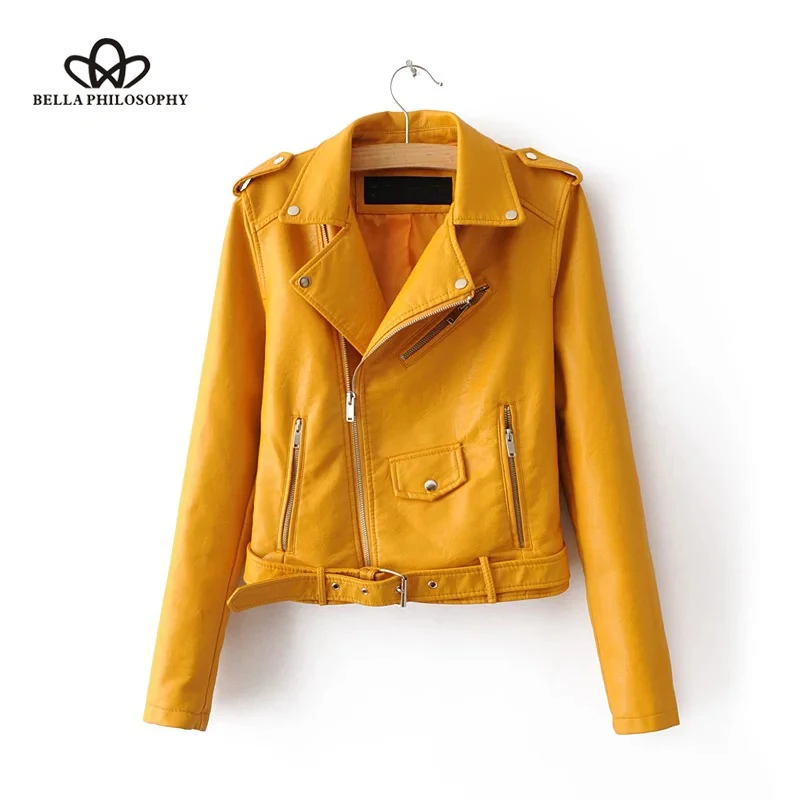 Bella Philosophy Women Autumn Winter Faux Leather Zipper Biker Jacket Female Casual Sashes PU Jacket Coat Ladies Coat