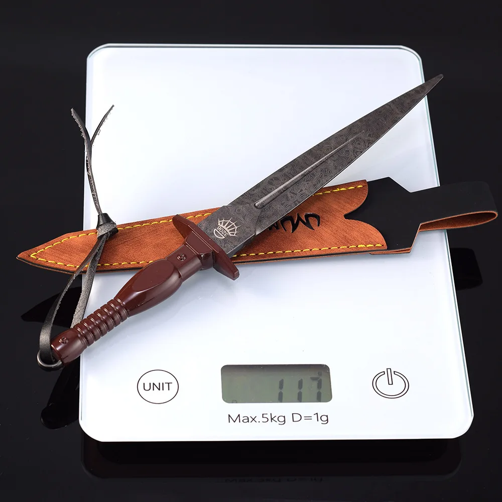 22cm Damascus Assault Dagger Medieval Weapon Model Sword All Metal with Holster Steel-grained Home Ornament Collections Gift Toy