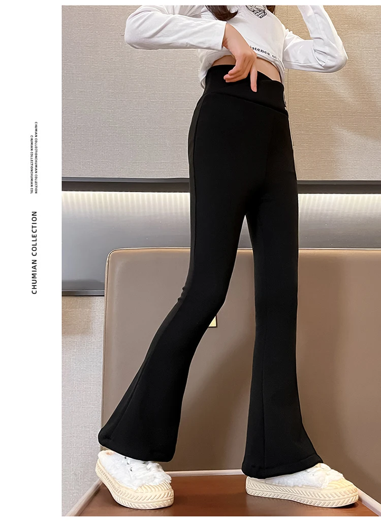 Kinder-Winter-Schlaghose für Mädchen, Warme Lässige Boot-Cut-Thermohose mit Fleecefutter, Dicke Isolierte Jogginghose in Schwarz für Kinder 5-14 – Detail 2