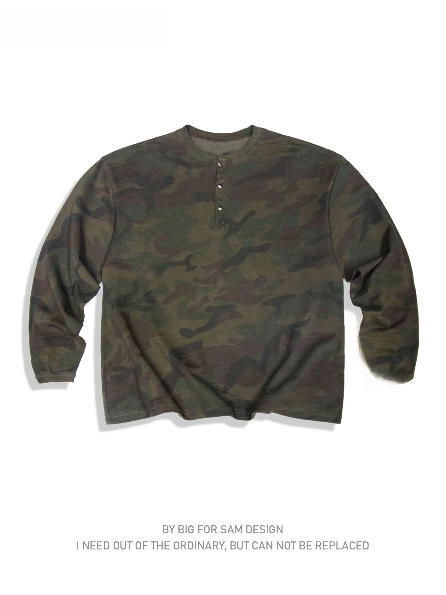 

Bigforsam Bamboo Cotton 300g Waed Vintage Camouflage Long Sve T-irt Henry Collar Loose Sun Protection Youth Faion
