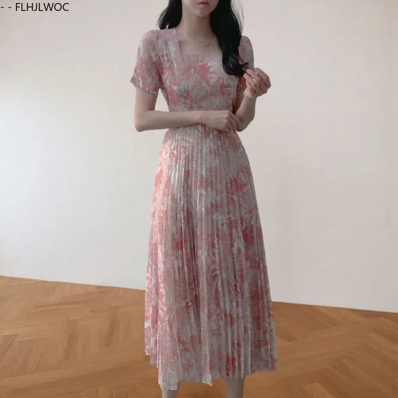 ชุดเดรสเก๋ๆเสื้อผ้าเกาหลีฤดูร้อนสตรีแขนสั้นคอสี่เหลี่ยมสาวญี่ปุ่นน่ารักลายดอกไม้พิมพ์ Retro Vintage วันที่ชุดยาว