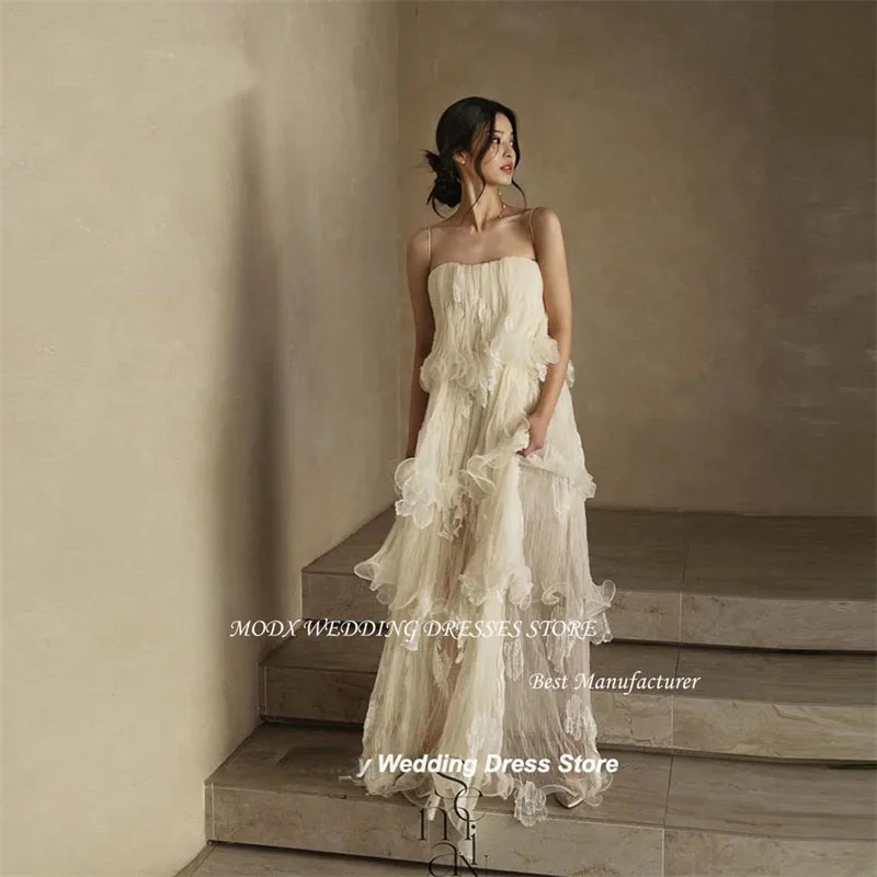 

MODX Sexy Spaghetti Straps Soft Tulle Layered Korea Wedding Dresses Photo shoot Tiered Fairy Bridal Gowns Party Evening Dress