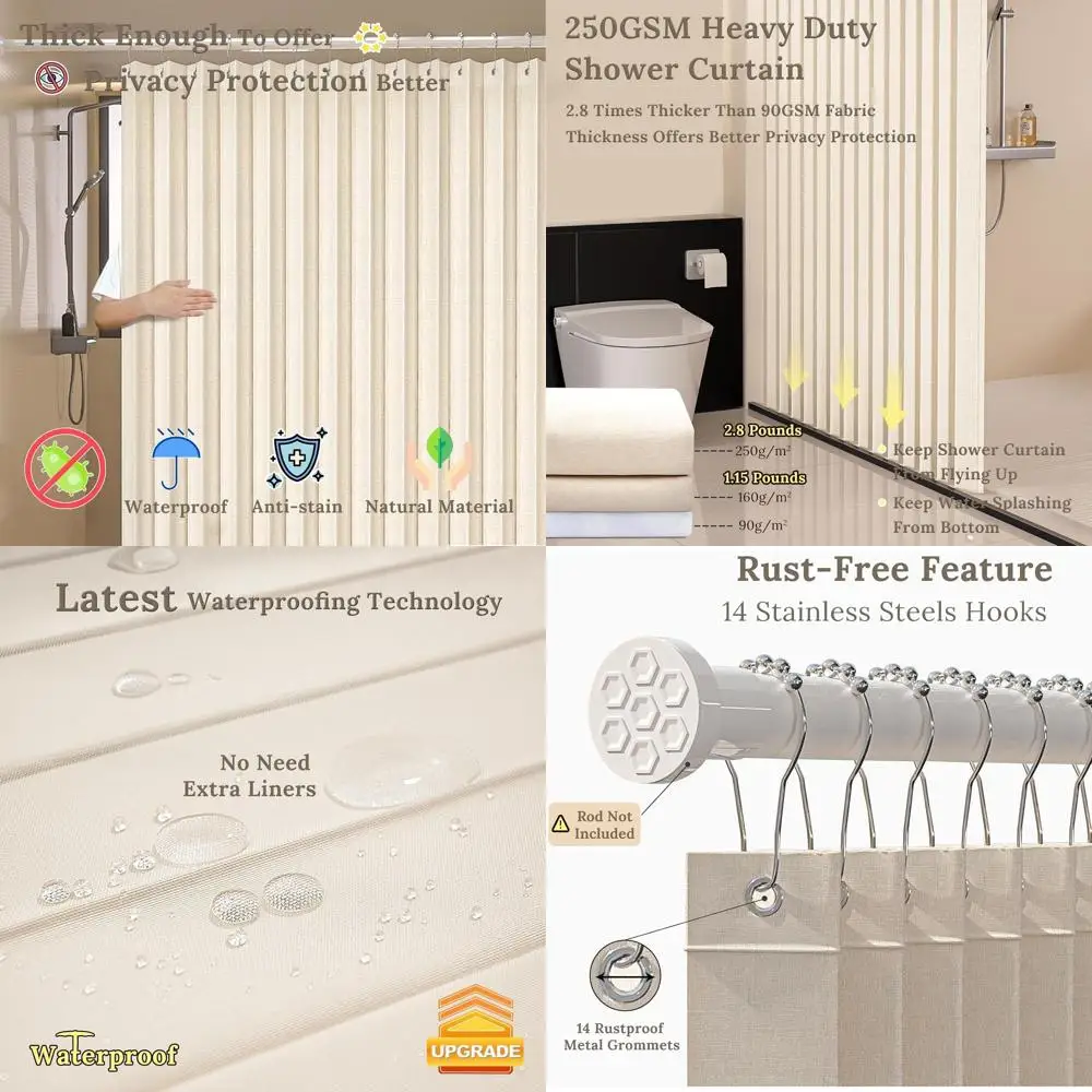 

Magnetic Shower Curtain, 72x72 Inches, Heavy Duty, No Liner Needed, Stainless Steel Hooks, Beige