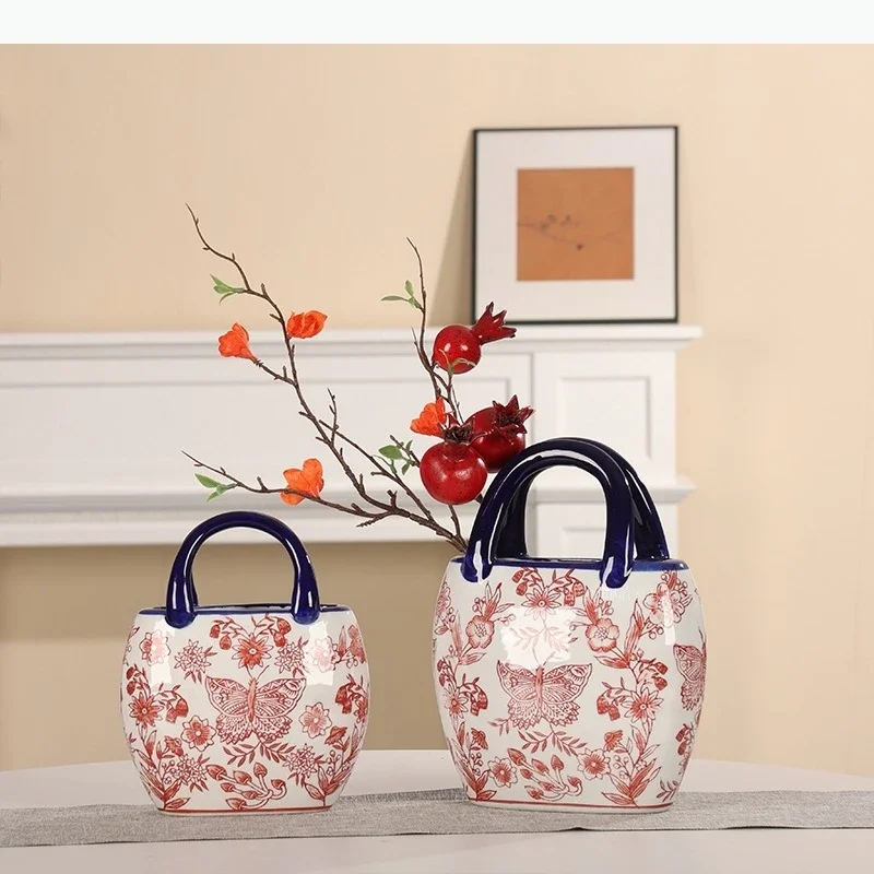 Chinese-style Retro Ceramic Vase Bag-shaped Vase Handcrafted Hand-painted Handicraft Ceramic Bottle Flowerpot Vases Pots