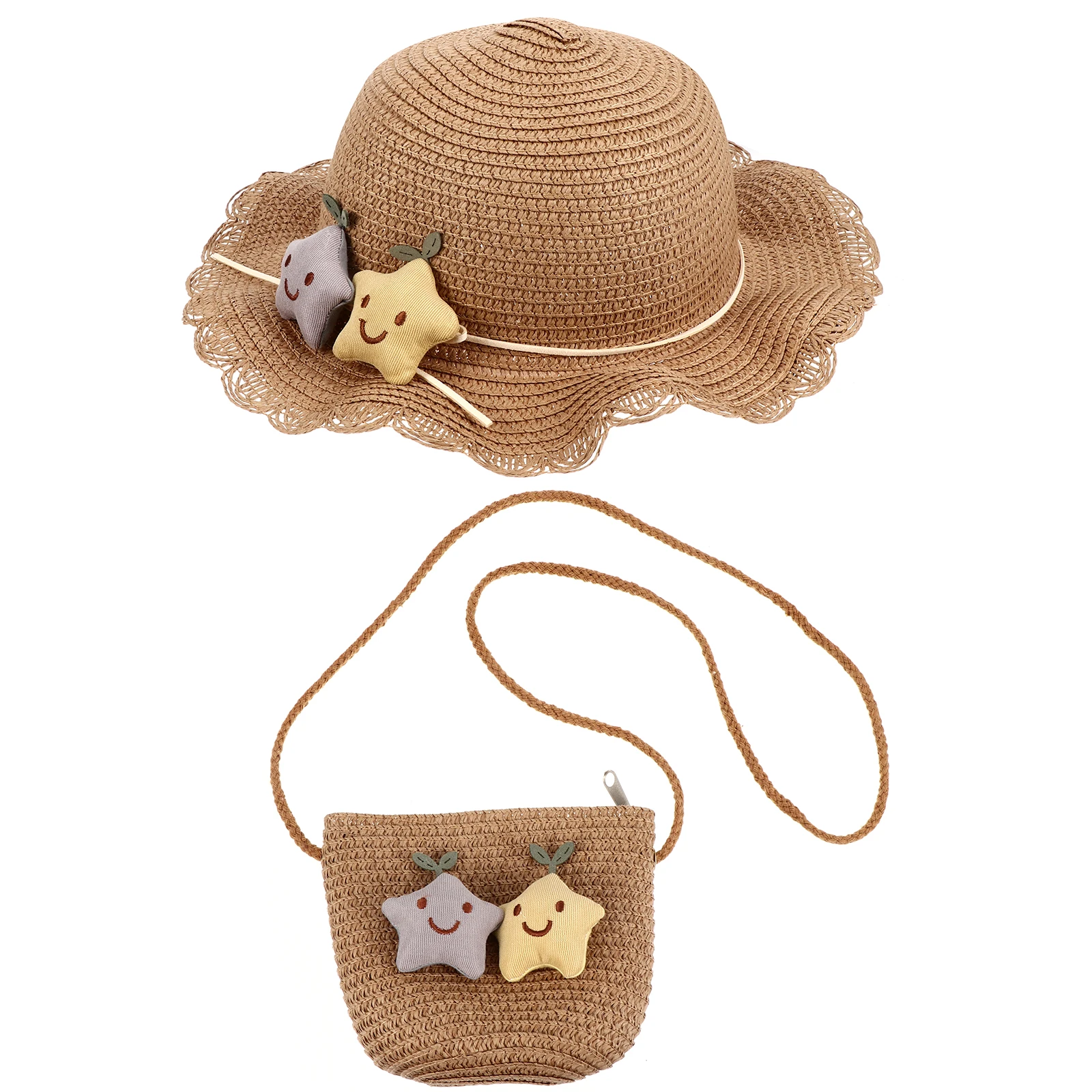 

Kids Straw Hat Wide Brim Sun Protection UV Sunhat Beach Tote Bag Matching Windproof Rope Summer Pocket Children Weaving Cap